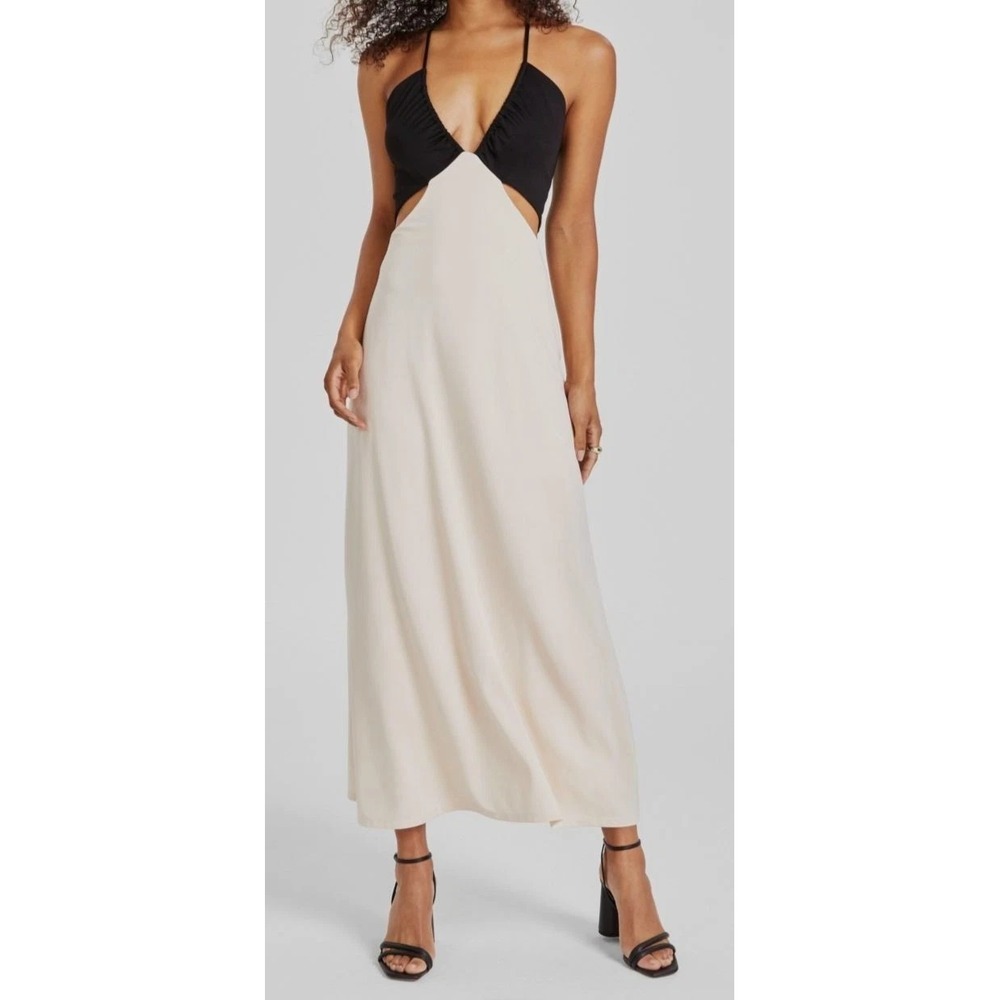 $139 Rachel Roy Willow Cream Black Two Tone Deep V-Neck Cutout Maxi Dress Size L